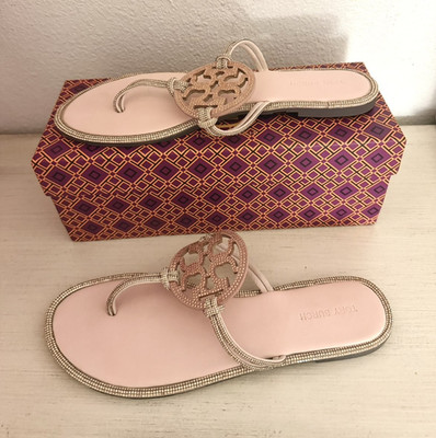 Tory Burch Women s Leather Thong Slip-On Sandals Logo Pink/Gold US 10