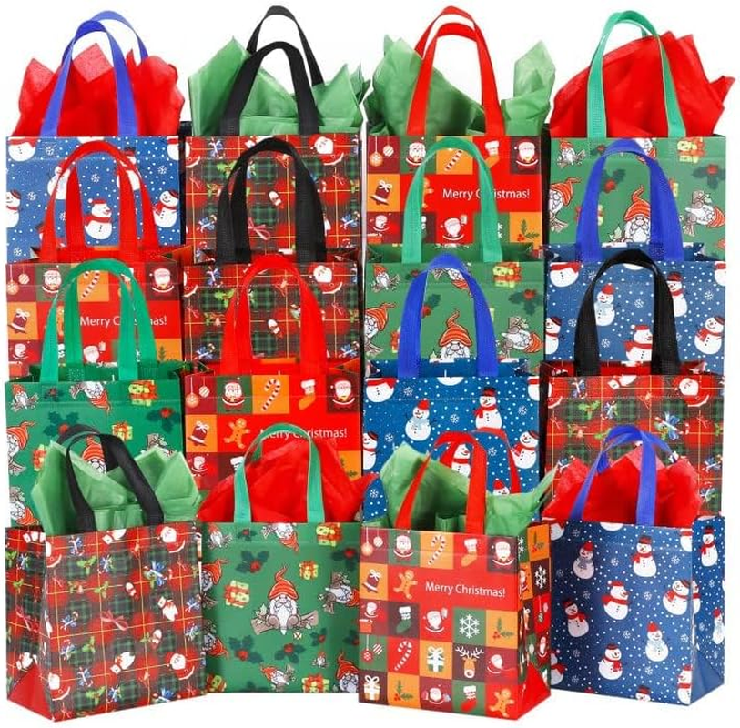 16 Pack Small Christmas Gift Bags with Tissue Paper, NonWoven
