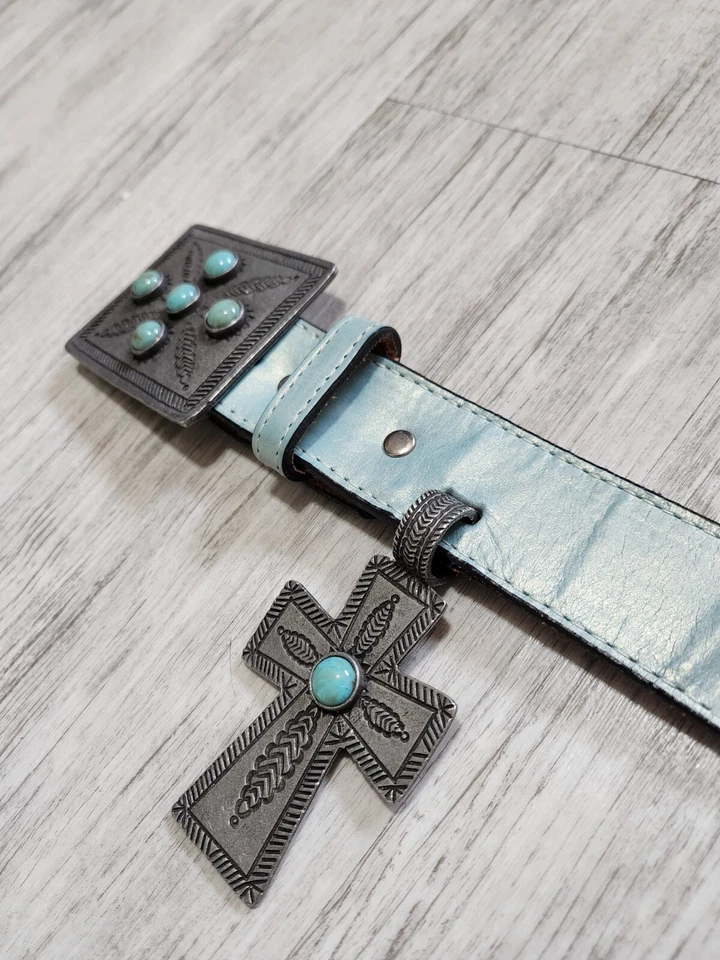 EXTREMADAMENTE RARO Doble D Rancho Suroeste Imitación Turquesa Plata Cruz Talla 28 Foto 4 de 4