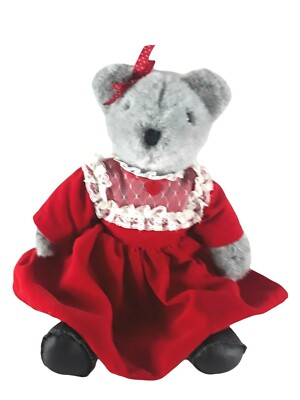 Vintage 1989 Heartline Gray Teddy Bear Plush Red Dress Stuffed Animal 13''