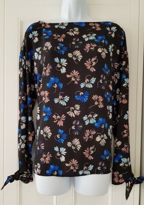 Damen Warehouse schwarz blau Blumenmuster lange Ärmel Bindebündchen lose Bluse Top 14.