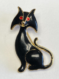 Vintage Gold Tone Black Enamel Cat Brooch Pin