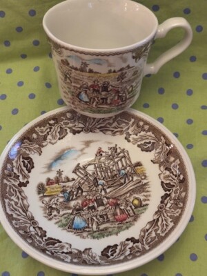 Johnson Brothers Neighbors Flat Cup & Saucer~ Barn Raising~ Ironstone/Brown~ EUC