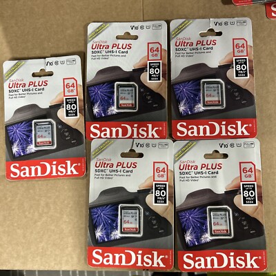 Lot Of 5 SanDisk Ultra PLUS 64GB Class 10 - SDXC Card - SDSDUP-064G-A46