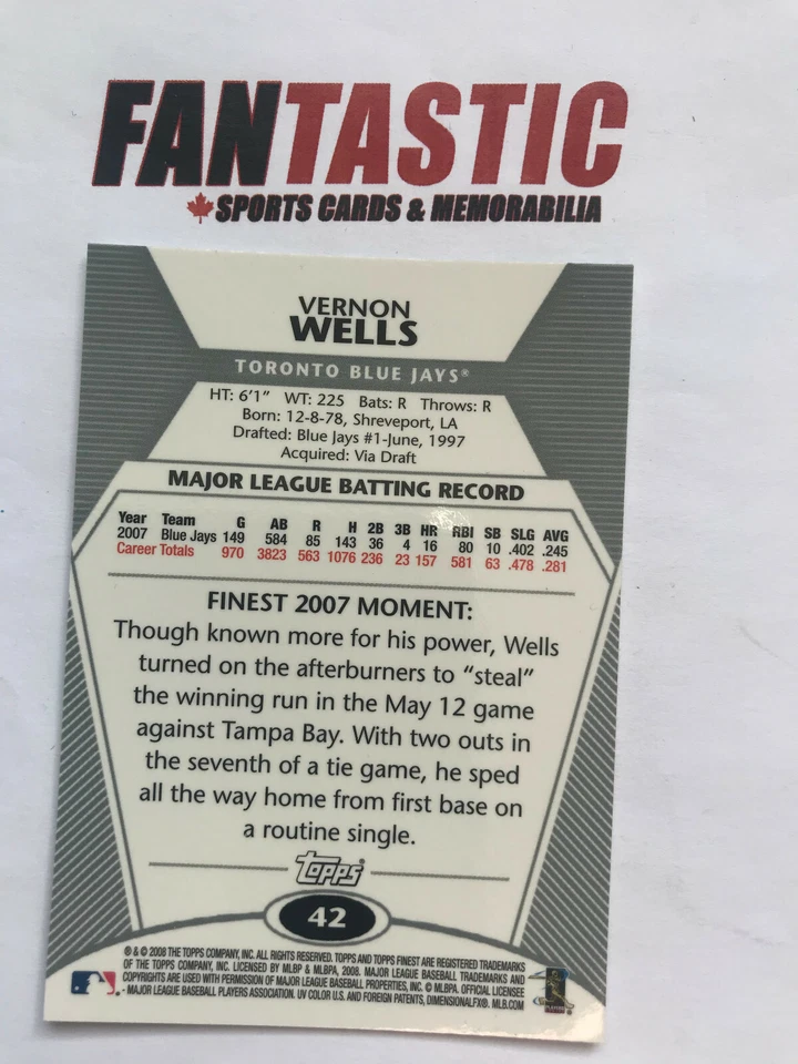 2008 Topps Finest #42 Vernon Wells Toronto Blue Jays - Image 2 of 2