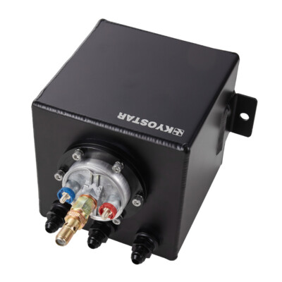 044 External Fuel Pump & 2L Black Aluminum High Flow Swirl Fuel Surge Tank AN6