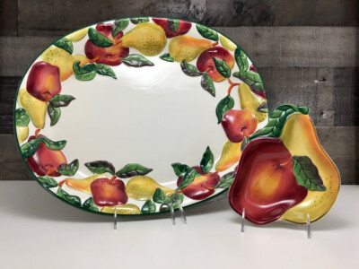 Clay Art ~  Apples & Pears  ~ Serving Platter & Dip Bowl Set ~ Mint Condition!