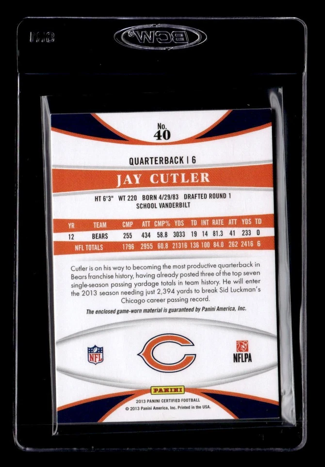 2013 Panini Certified #40 Jay Cutler Mirror Blue Materials #/99 - Image 2 of 2