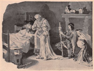 Medieval deathbed castle nobility knight - 1900 - Felix Schwormstedt ~ 20x15cm