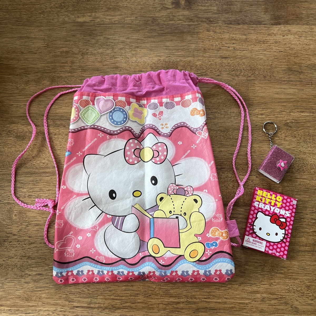 Hello Kitty Drawstring Bag Pink 10.5”x13” + Crayons +