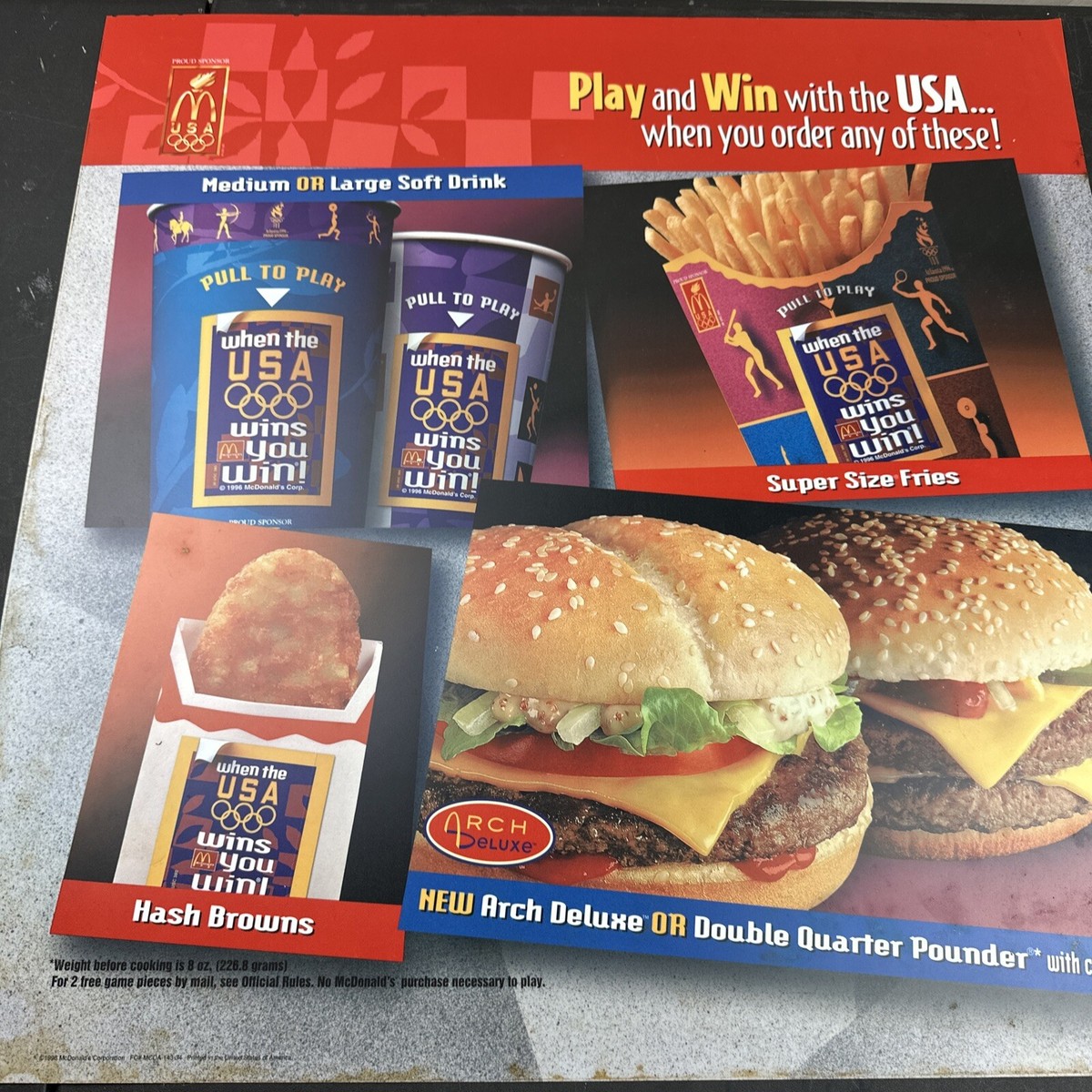 1996 McDonalds Play To Win USA Translite Store Menu Sign Ad Poster