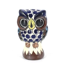 Tonala Mexican Folk Art Pottery Owl 5" hand painted artist signed 
