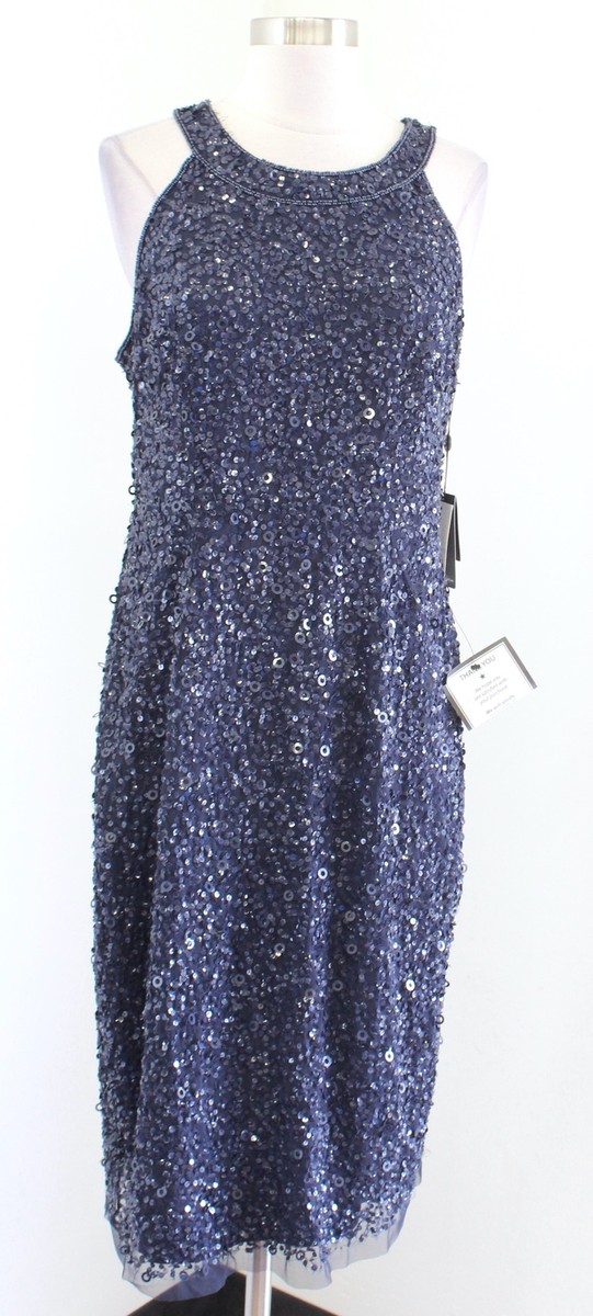 NWT Adrianna Papell Navy Blue Halter Sequin Beaded Cocktail Party Dress  Size 12