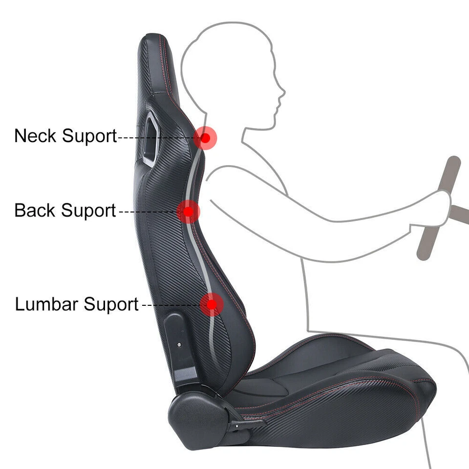 Universal Set of 2 Racing Seats Pair White Leather Reclinable Bucket Sport Seats - Image 2 of 4