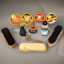 Vintage 60s Shoe Shine Lot Esquire Kiwi Embossed Cavalier Jockey Jar Tins Brush