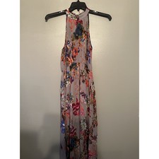Staccato Dress Women Small Grey Floral Maxi Long Halter Neck Sleeveless Rayon