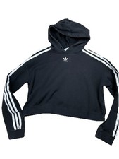 Adidas Originals Cropped Hoodie Womens XS Black 3 Stripe Trefoil Pullover