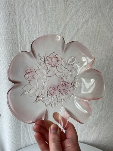 Vintage Pink Glass Dish “Rosella” Walther Glas Floral Trinket Jewellery Holder - Picture 2 of 12