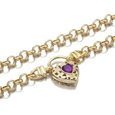 18K GL Solid Rolo Yellow Gold Necklace Filigree Heart Padlock Amethyst Purple