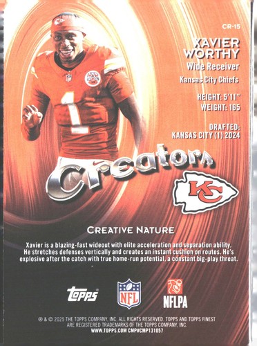 Xavier Worthy 2025 Finest #CR-15 Chiefs card, orange background, player in red jersey with white number 15.