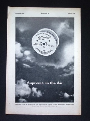 Original 1940 Werbung Callender Flugzeugkabel Supreme in the Air