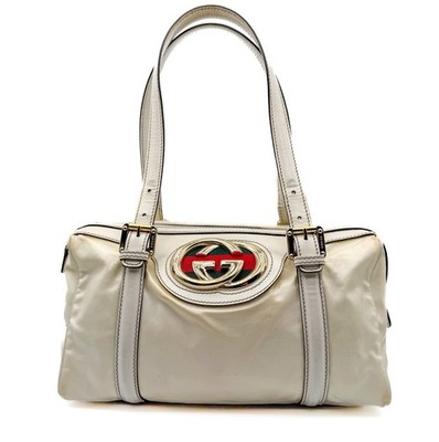 GUCCI Interlocking G Mini Boston Hand Bag White Gold Leather 170009 Authentic