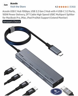 Aceele USB C Hub 10Gbps USB 3.2 Gen 2, 4 USB-C Ports, 100W PD, 2FT Cable, Gray