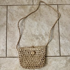 Handmade Crochet Raffia Shoulder Bag Beige Woven Straw Boho Crossbody Purse