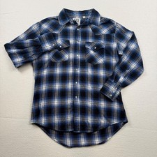 Ely Cattleman Western Flannel Shirt Pearl Snap Cotton Plaid Blue Black Size M