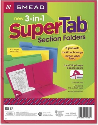 Smead 3-in-1 SuperTab Section Folder, 1/3-Cut Oversized Tab, Letter Size,
