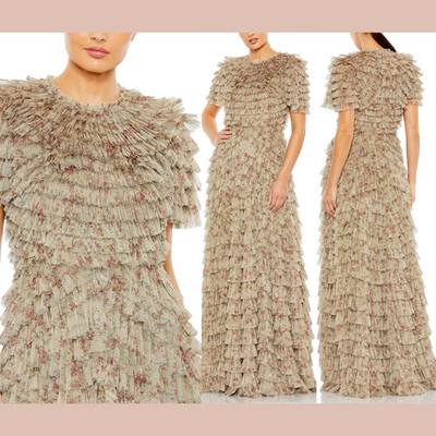 NWT Mac Duggal [ 14 ] 8017 Ruffle Tiered Short Sleeve A Line Gown in Ecru #S1931