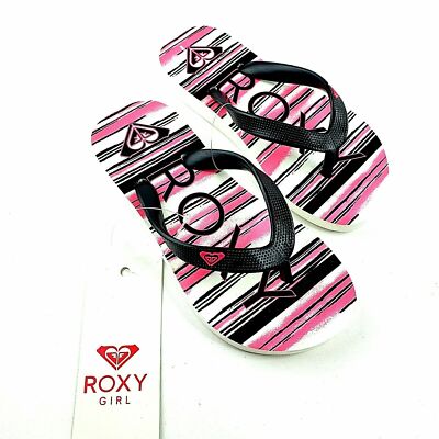 Roxy Girl Jujubee II Flip-Flops Sandals Black White Pink Stripe Size 12 NEW