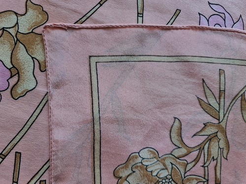 SCARF VINTAGE AUTHENTIC FLORAL ART ORCHIDS PINK BROWN SILK 21" SMALL SQUARE - Picture 3 of 3