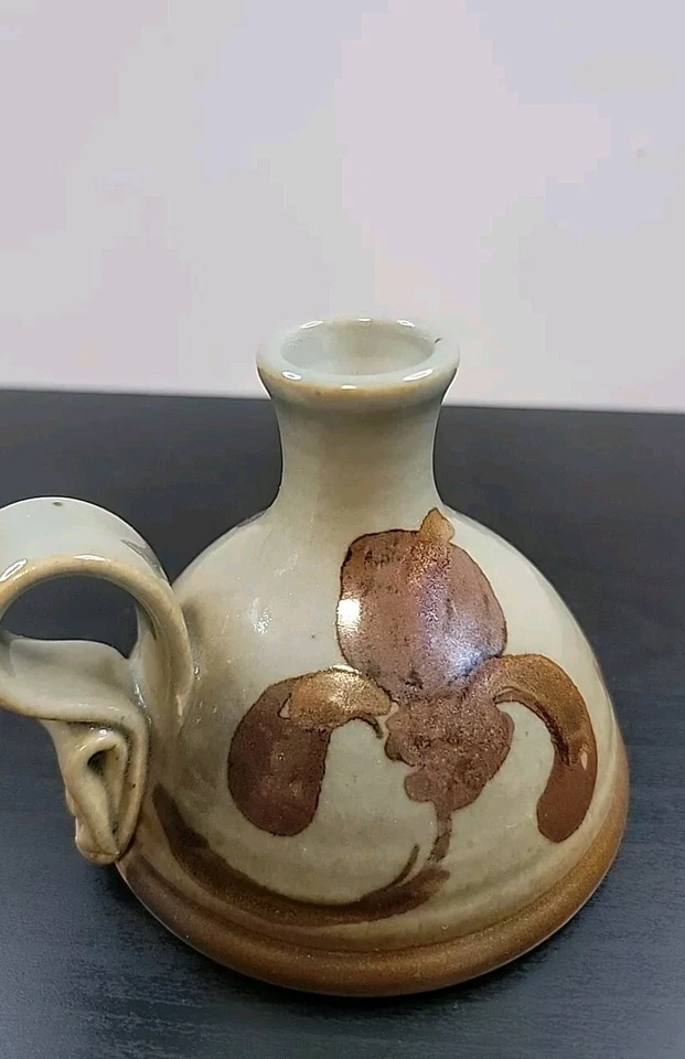 Brown Floral Iridescent Pottery Stonewear Candle Stick Holder W/ Handle Signed  - Image 3 of 4
