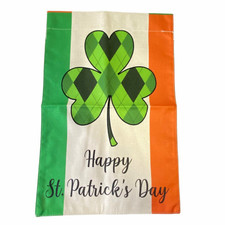 Happy St. Patrick's Day Garden Flag 12 x 18 Double Sided Burlap Shamrock Orange