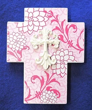Christian Cross Decorative Pink & White Flowers Stand Alone or Hang Little River