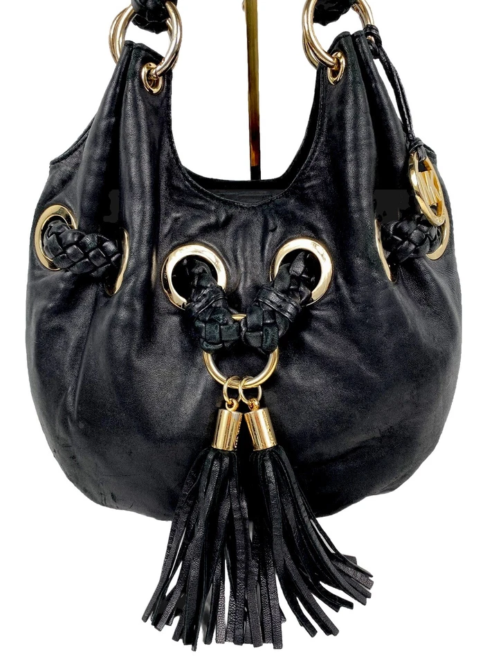 Bolso de hombro hobo de cuero con guante negro MICHAEL KORS Camden correas trenzadas borlas Foto 3 de 4