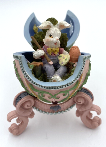 Vintage Multi-Colored White Rabbit Resin Hinged Easter Egg Diorama with Stand