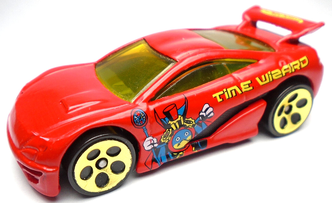 2002 HOT WHEELS SEARED TUNER TIME WIZARD RED 1:64 DIECAST 2 5/8" CAR WITH YELLOW
