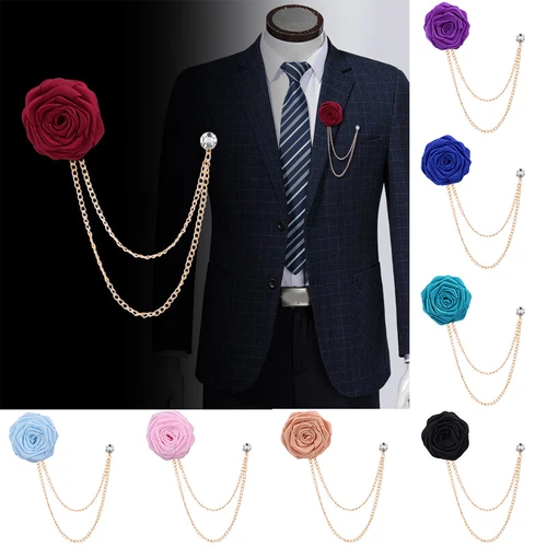 Mens Rose Brooch Flower Brooch Boutonniere Suit Lapel Wedding Pin Tassel Chain - Picture 10 of 95