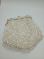 Vintage Cream Ivory Beaded  Sequin Evening Bag Purse Hand Made Hong Kong 1950  s