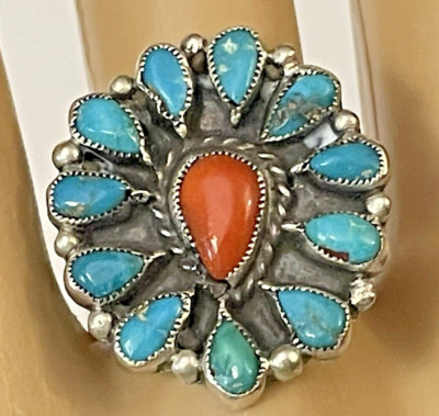SALE NAT AMERICAN ZUNI STERLING SILVER TURQUOISE CORAL PETIT POINT RING 8 1/2 