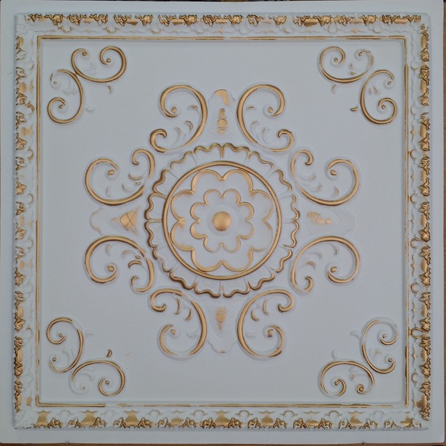 Pl08 Faux Paint Tin 3d White Gold Ceiling Tiles Cafe Decor Wall