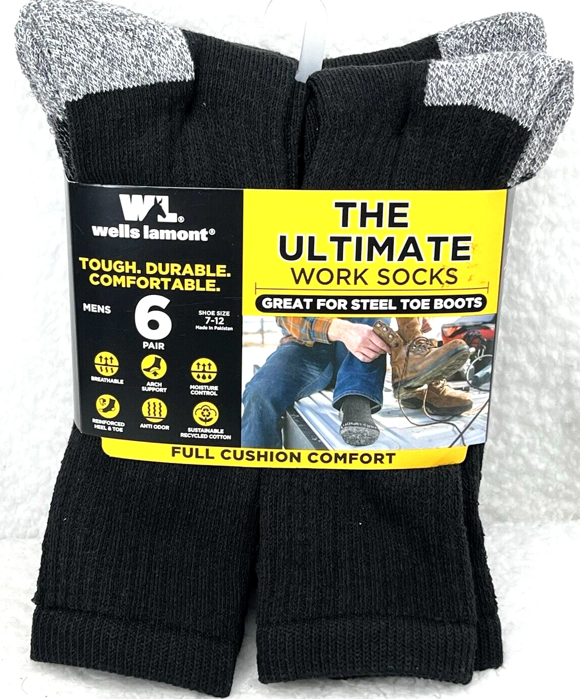Wells Lamont Men’s Crew Socks 6-Pk Black Durable Great For Steel Toe Boots