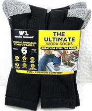 Wells Lamont Men’s Work Crew Socks 6-Pk Black Gray Great For Steel Toe Boot 7-12