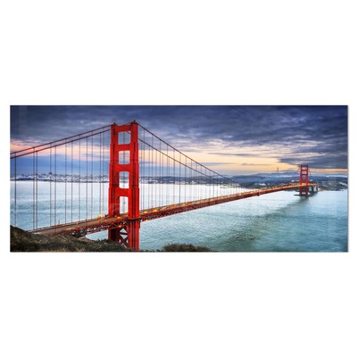 Golden Gate under Cloudy Sky - Sea Bridge Glossy Metal Wall Blue 28 in. wide x 1
