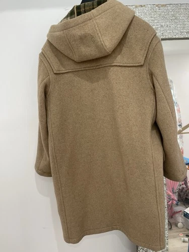 Gloverall Men's Beige Long Duffle Coat Hooded Toggle Closure Plaid Lined image 7