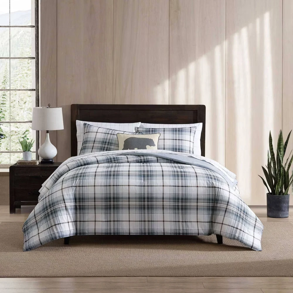 Eddie Bauer - Set copripiumino doppio, biancheria da letto reversibile in cotone con federa abbinata, decorazione per la casa a quadri con chiusura a bottoni (verde tartan boschivo, doppio
