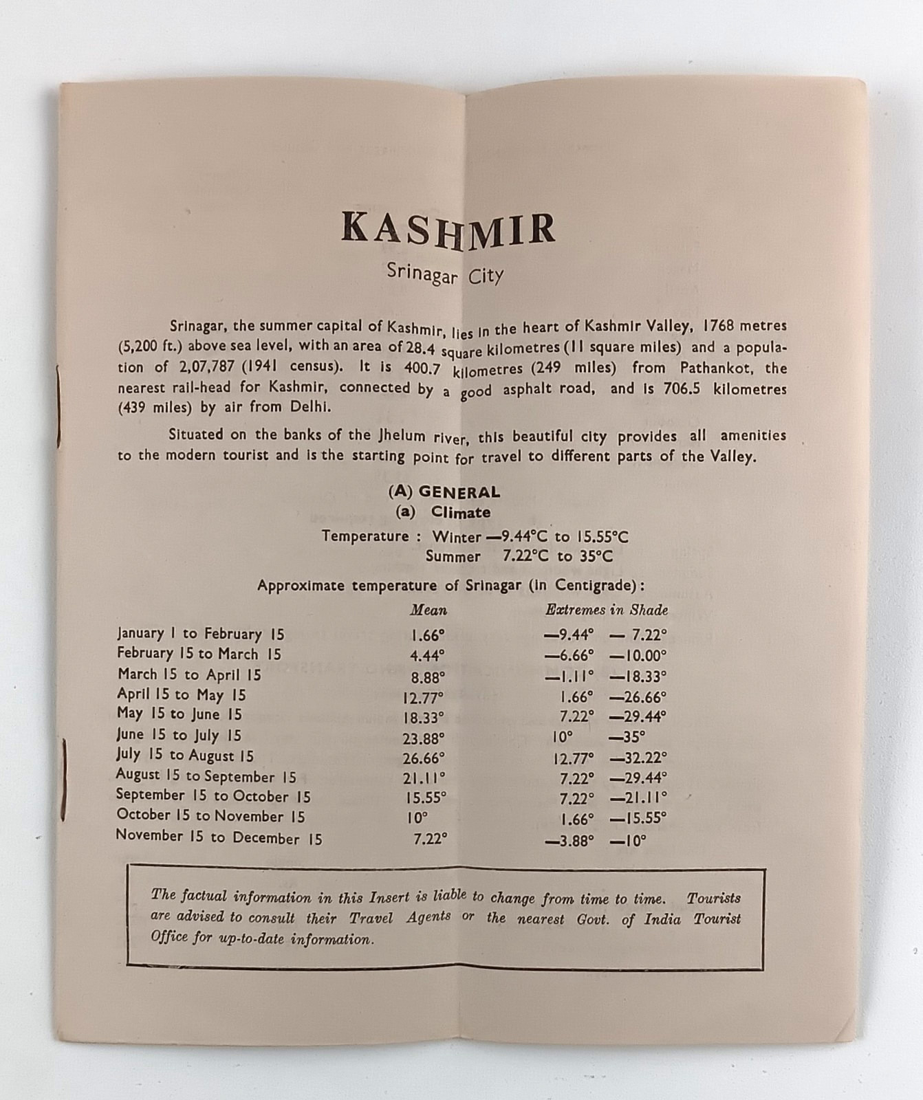 1960 Kashmir India Srinagar Hotels Weather Transportation Rates Vintage Booklet