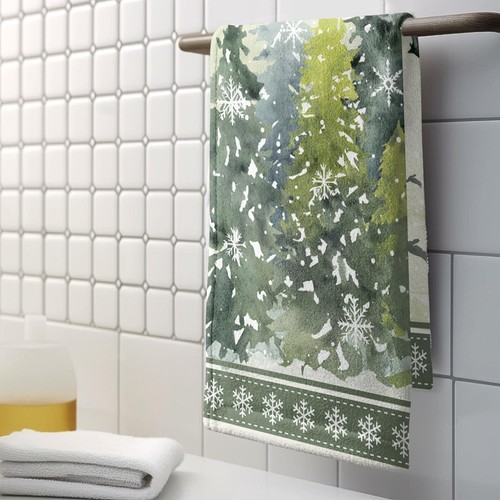 Winter Green Misty Forest Hand Towels for Bathroom Winter Snowflake Kitchen T... - Picture 5 of 8